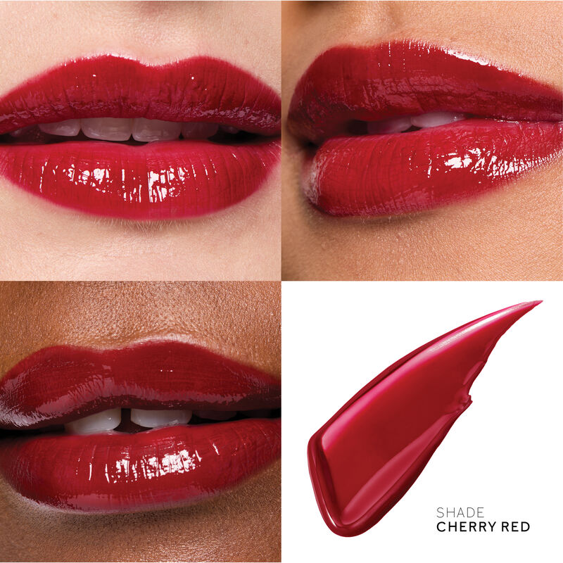 Cherry Red lip gloss on lips of light, medium and deep skin tones with product swipe. image number null