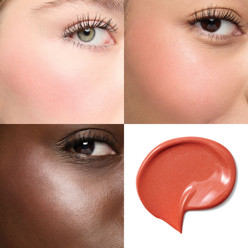 Collage of cheeks wearing limited-edition Mary Kay Gel Cream Blush in Coral Kiss on light, medium and deep skin tones as well as swirling swipe of sha