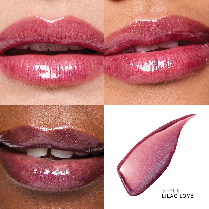 Lilac Love lip gloss on lips of light, medium and deep skin tones with product swipe.&nbsp; image number null
