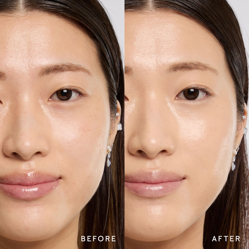 Model before and after showing TimeWise 3D Foundation Luminous finish payoff in shade Light 5