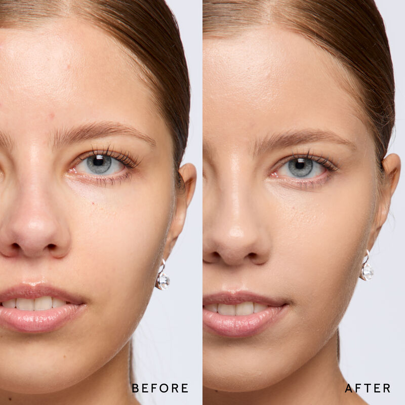 Model before and after showing TimeWise 3D Foundation Luminous finish payoff in shade Medium 2