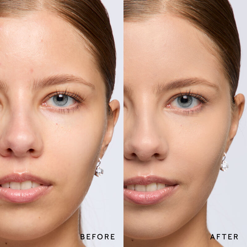 Model before and after showing TimeWise 3D Foundation Matte finish payoff in shade Medium 2