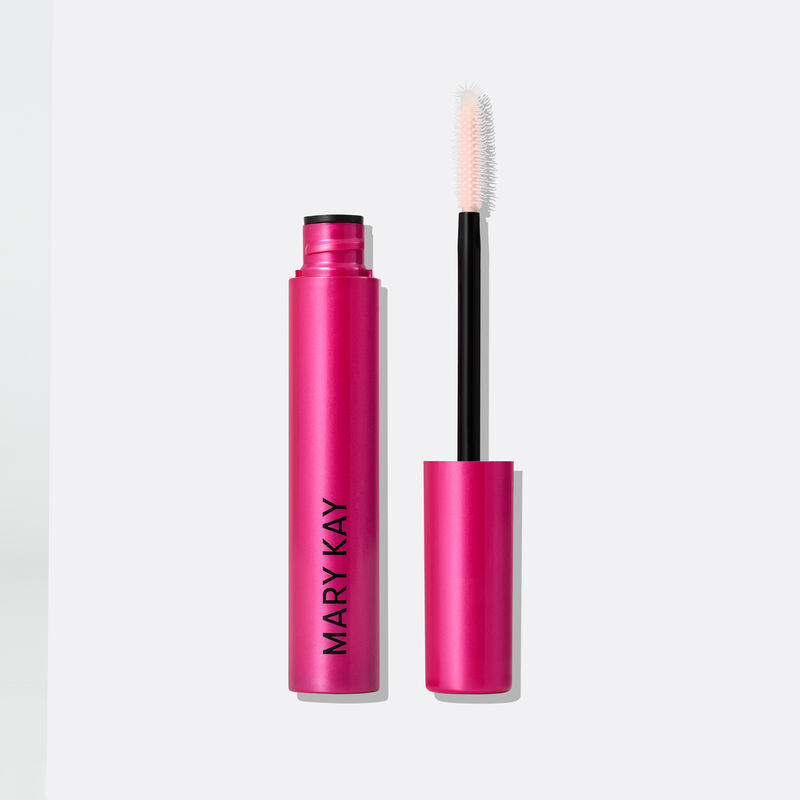 Lash Love Fanorama Define+Lift Mascara tube opened and standing next to the triple-zone brush set against a white background