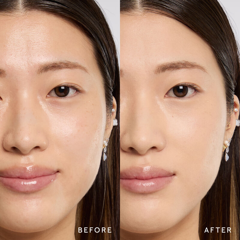 Model before and after showing TimeWise 3D Foundation Matte finish payoff in shade Light 5