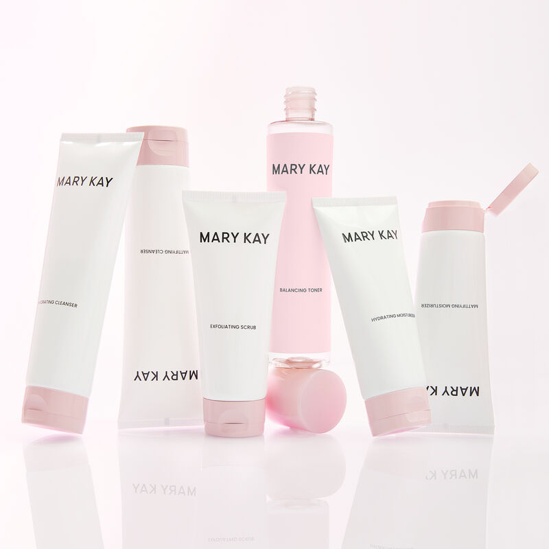 Entire Mary Kay Skin Care line of products with Mary Kay Balancing Toner balancing on its cap