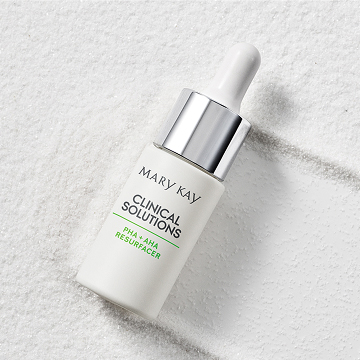 Mary Kay Clinical Solutions PHA + AHA Resurfacer on white textured background