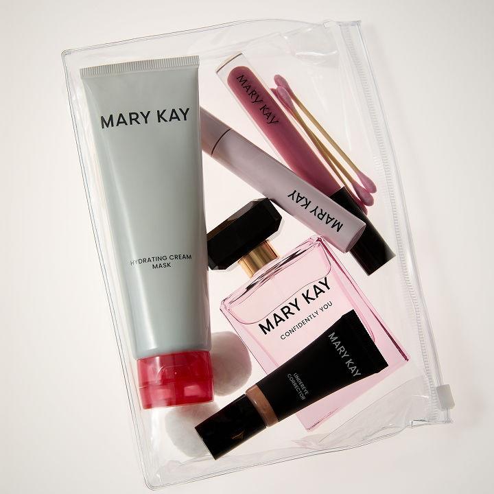 Mary Kay Hydrating Cream Mask and other cosmetic products in a clear bag